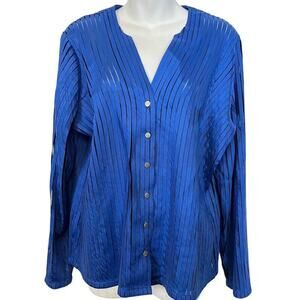 Laura Ashley Womens Blue Sheer Mesh Ribbon Embroidered Button Up Shirt Top sz L